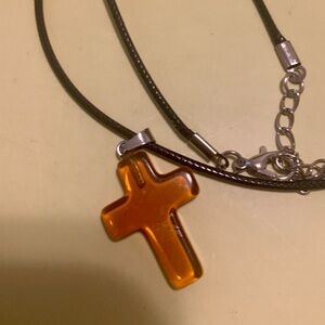 Amber Cross Pendant on Black Cord Necklace